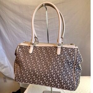 DKNY Monogram Logo Jacquard Satchel Bag Brown‎ Tan Cream Triple Compartment
